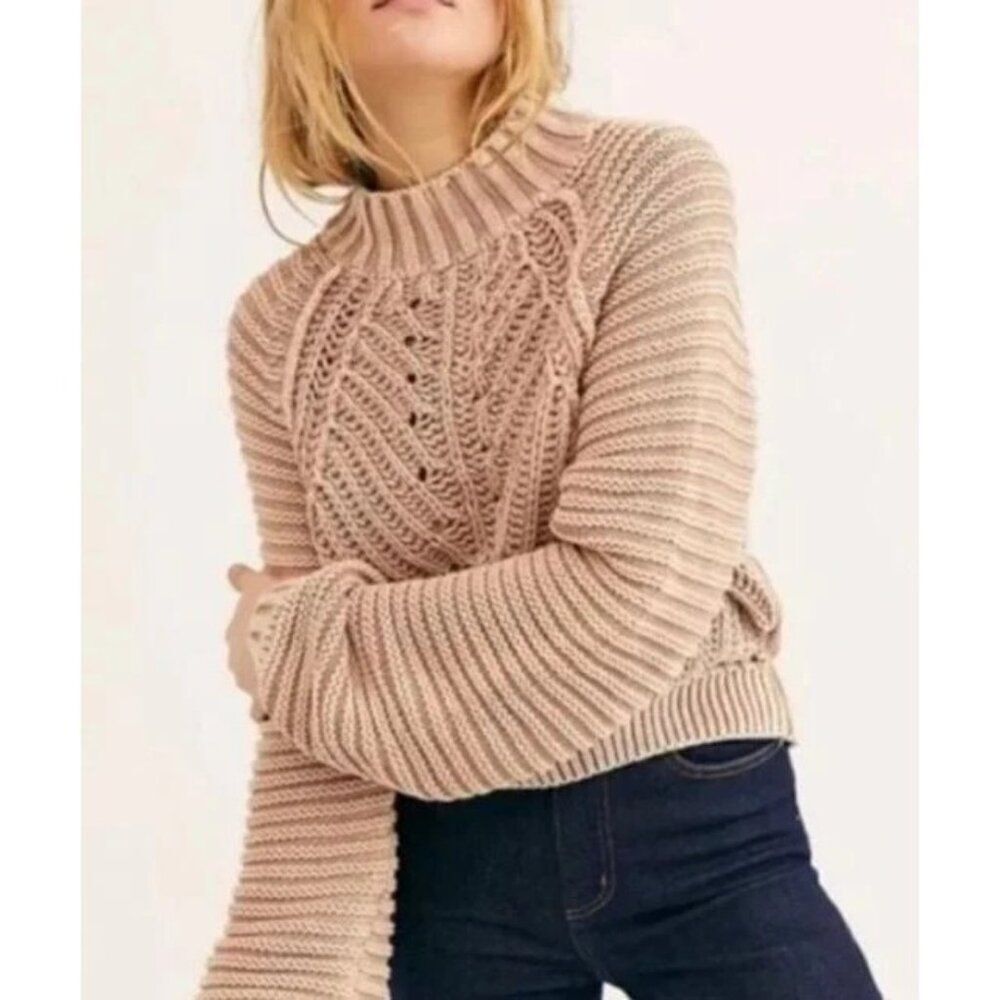 Free People Womens Sweater S Small Beige Mock Neck Cotton Long Sleeve Chunky